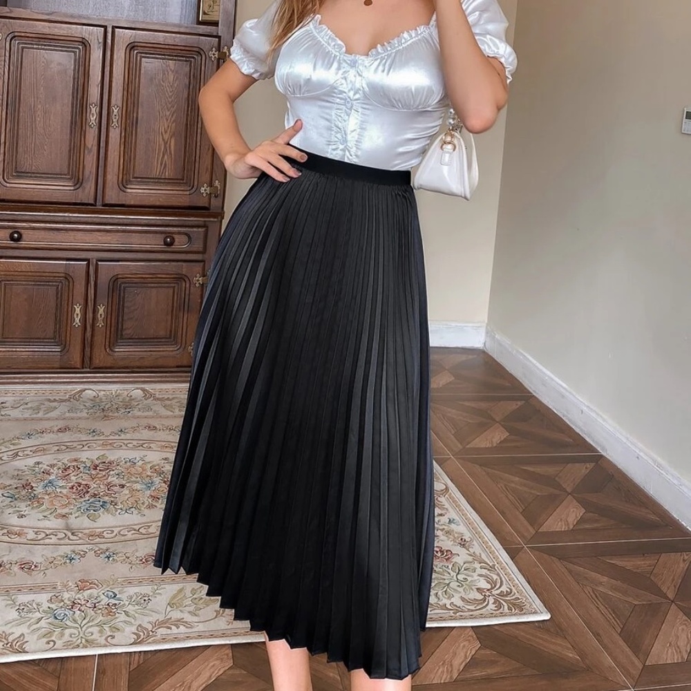 Classic Pleated Satin Evening Midi Skirt - Picture 1 of 11